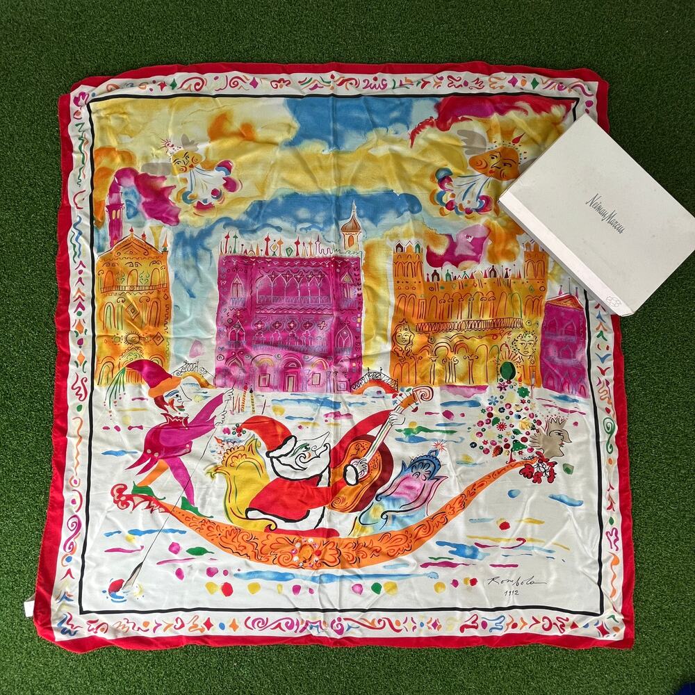 Vintage 1992 John Rombola Art Fabric Sun Venice Canal Whimsical Silk Scarf